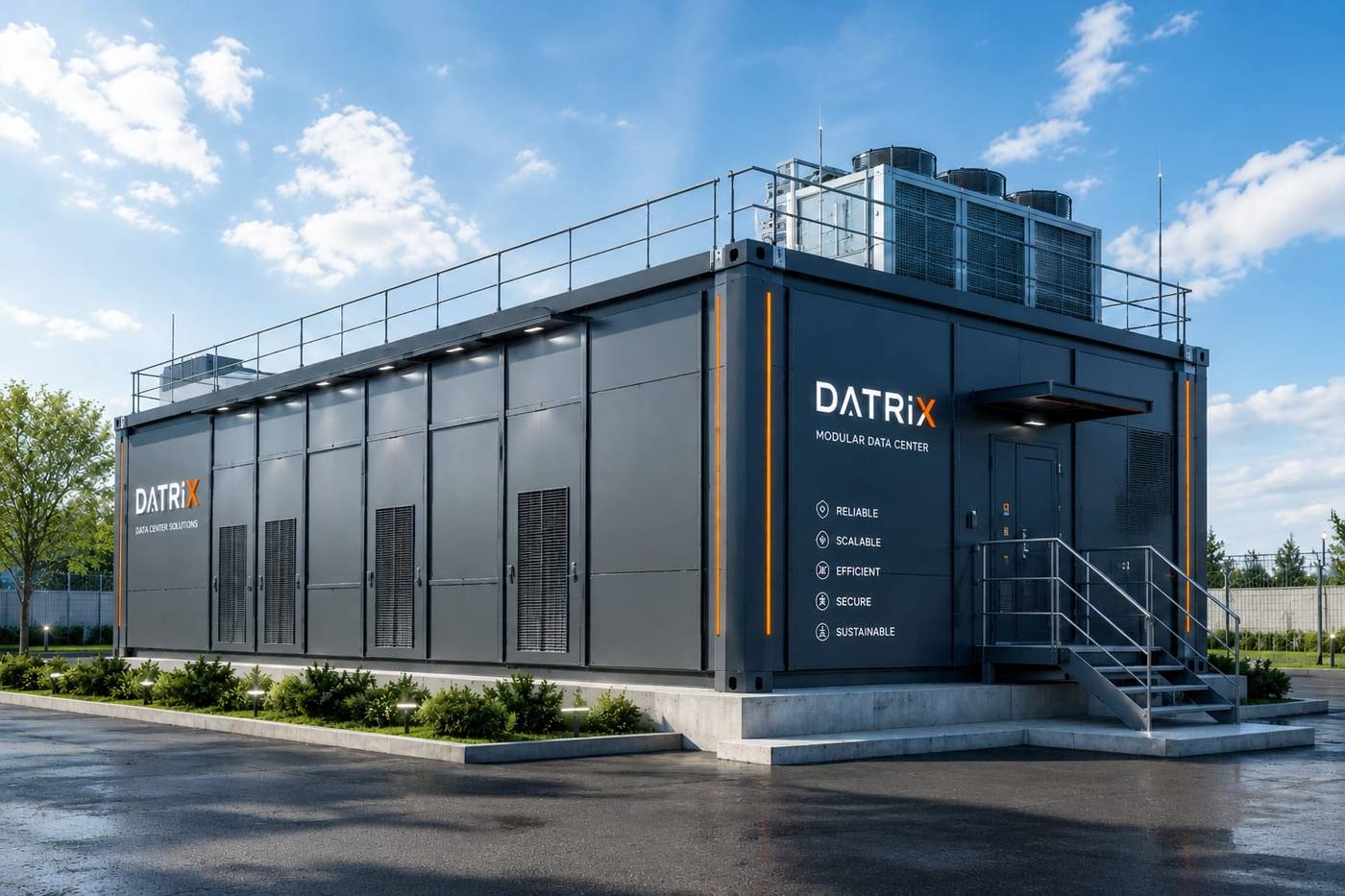 Модульный дата-центр DATRIX — вытянутый корпус с фирменной подсветкой и открытым входом
